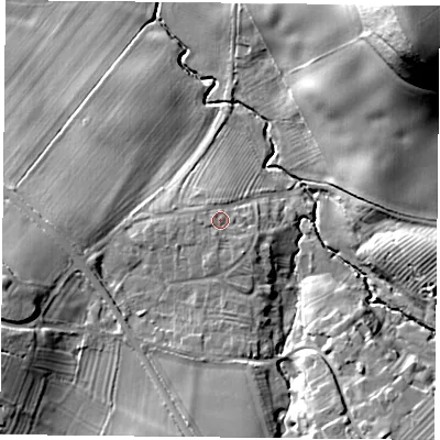 Shaded relief map of the ground around NG125NW, computed from Environment Agency LiDAR. The ground here sits at about 46 m above sea level and falls 47 m across the surrounding 800 m. Surface water reaching this point runs off ground lying to the south-east, 1.9 m higher.