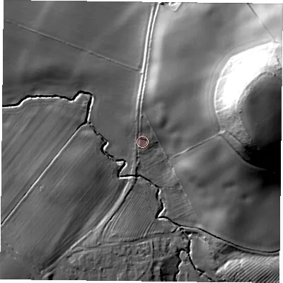 Shaded relief map of the ground around NG125NY, computed from Environment Agency LiDAR. The ground here sits at about 41 m above sea level and falls 49 m across the surrounding 800 m. Surface water reaching this point runs off ground lying to the east-north-east, 45.0 m higher.