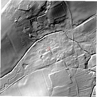 Shaded relief map of the ground around NG125PW, computed from Environment Agency LiDAR. The ground here sits at about 61 m above sea level and falls 24 m across the surrounding 800 m. Surface water reaching this point runs off ground lying to the south-south-east, 9.3 m higher.