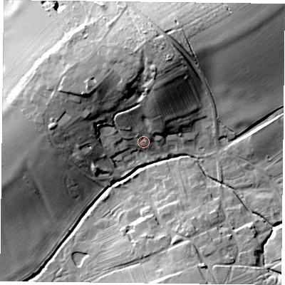 Shaded relief map of the ground around NG125PZ, computed from Environment Agency LiDAR. The ground here sits at about 62 m above sea level and falls 27 m across the surrounding 800 m. Surface water reaching this point runs off ground lying to the north-north-west, 8.7 m higher.