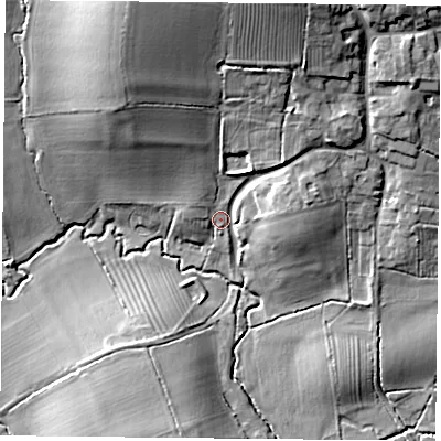 Shaded relief map of the ground around NG125QT, computed from Environment Agency LiDAR. The ground here sits at about 64 m above sea level and falls 22 m across the surrounding 800 m. Surface water reaching this point runs off ground lying to the north-north-west, 18.2 m higher.