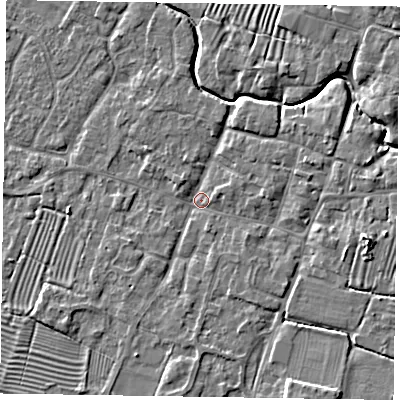 Shaded relief map of the ground around NG130AA, computed from Environment Agency LiDAR. The ground here sits at about 29 m above sea level and falls 6 m across the surrounding 800 m. Surface water reaching this point runs off ground lying to the east-south-east, 4.8 m higher.