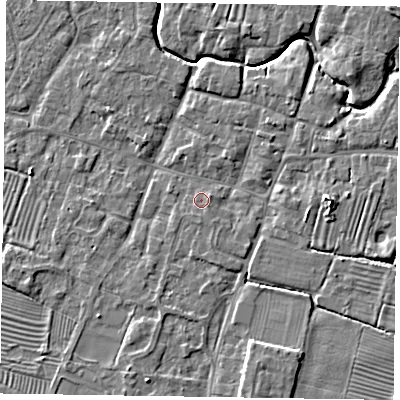 Shaded relief map of the ground around NG130AB, computed from Environment Agency LiDAR. The ground here sits at about 30 m above sea level and falls 6 m across the surrounding 800 m. Surface water reaching this point runs off ground lying to the east, 0.9 m higher.