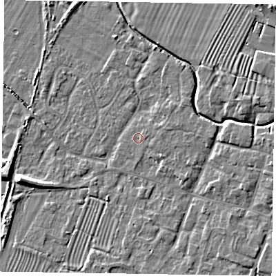 Shaded relief map of the ground around NG130AF, computed from Environment Agency LiDAR. The ground here sits at about 29 m above sea level and falls 7 m across the surrounding 800 m. Surface water reaching this point runs off ground lying to the east, 1.8 m higher.