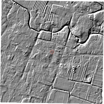 Shaded relief map of the ground around NG130AH, computed from Environment Agency LiDAR. The ground here sits at about 31 m above sea level and falls 10 m across the surrounding 800 m. Surface water reaching this point runs off ground lying to the east-south-east, 1.0 m higher.
