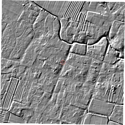 Shaded relief map of the ground around NG130AJ, computed from Environment Agency LiDAR. The ground here sits at about 30 m above sea level and falls 7 m across the surrounding 800 m. Surface water reaching this point runs off ground lying to the east, 3.0 m higher.