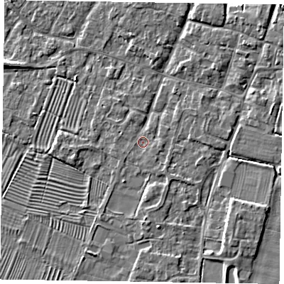 Shaded relief map of the ground around NG130AL, computed from Environment Agency LiDAR. The ground here sits at about 30 m above sea level and falls 5 m across the surrounding 800 m. Surface water reaching this point runs off ground lying to the east, 1.0 m higher.
