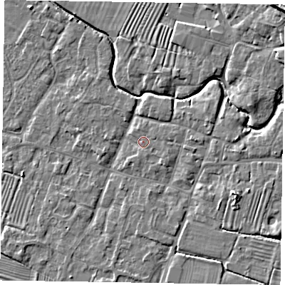 Shaded relief map of the ground around NG130AN, computed from Environment Agency LiDAR. The ground here sits at about 30 m above sea level and falls 12 m across the surrounding 800 m. Surface water reaching this point runs off ground lying to the east-south-east, 1.6 m higher.