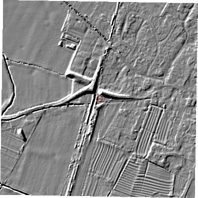 Shaded relief map of the ground around NG130AP, computed from Environment Agency LiDAR. The ground here sits at about 29 m above sea level and falls 8 m across the surrounding 800 m. Surface water reaching this point runs off ground lying to the north-north-east, 5.5 m higher.