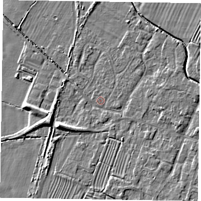 Shaded relief map of the ground around NG130AQ, computed from Environment Agency LiDAR. The ground here sits at about 29 m above sea level and falls 8 m across the surrounding 800 m. Surface water reaching this point runs off ground lying to the south-east, 2.6 m higher.