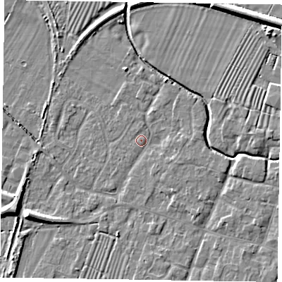 Shaded relief map of the ground around NG130AR, computed from Environment Agency LiDAR. The ground here sits at about 29 m above sea level and falls 8 m across the surrounding 800 m. Surface water reaching this point runs off ground lying to the north-north-east, 2.1 m higher.