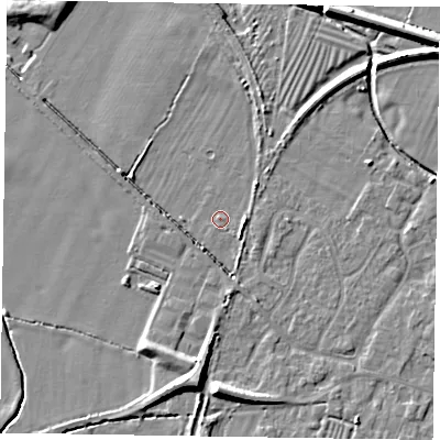 Shaded relief map of the ground around NG130AU, computed from Environment Agency LiDAR. The ground here sits at about 28 m above sea level and falls 8 m across the surrounding 800 m. Surface water reaching this point runs off ground lying to the east-south-east, 2.2 m higher.