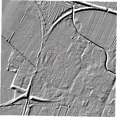Shaded relief map of the ground around NG130AZ, computed from Environment Agency LiDAR. The ground here sits at about 29 m above sea level and falls 8 m across the surrounding 800 m. Surface water reaching this point runs off ground lying to the south-west, 6.0 m higher.
