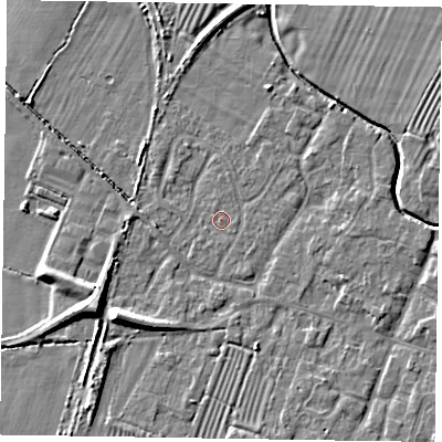 Shaded relief map of the ground around NG130BA, computed from Environment Agency LiDAR. The ground here sits at about 29 m above sea level and falls 8 m across the surrounding 800 m. Surface water reaching this point runs off ground lying to the east-north-east, 0.8 m higher.