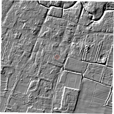 Shaded relief map of the ground around NG130BD, computed from Environment Agency LiDAR. The ground here sits at about 31 m above sea level and falls 6 m across the surrounding 800 m. The ground contributing surface water to this point lies to the south-west.