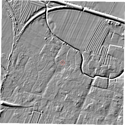 Shaded relief map of the ground around NG130BE, computed from Environment Agency LiDAR. The ground here sits at about 29 m above sea level and falls 9 m across the surrounding 800 m. Surface water reaching this point runs off ground lying to the east-south-east, 1.3 m higher.