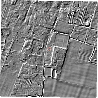 Shaded relief map of the ground around NG130BG, computed from Environment Agency LiDAR. The ground here sits at about 31 m above sea level and falls 5 m across the surrounding 800 m. Surface water reaching this point runs off ground lying to the east-south-east, 2.4 m higher.