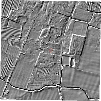 Shaded relief map of the ground around NG130BL, computed from Environment Agency LiDAR. The ground here sits at about 31 m above sea level and falls 5 m across the surrounding 800 m. Surface water reaching this point runs off ground lying to the south-south-east, 0.9 m higher.