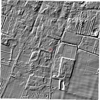 Shaded relief map of the ground around NG130BN, computed from Environment Agency LiDAR. The ground here sits at about 31 m above sea level and falls 5 m across the surrounding 800 m. Surface water reaching this point runs off ground lying to the west-south-west, 0.9 m higher.