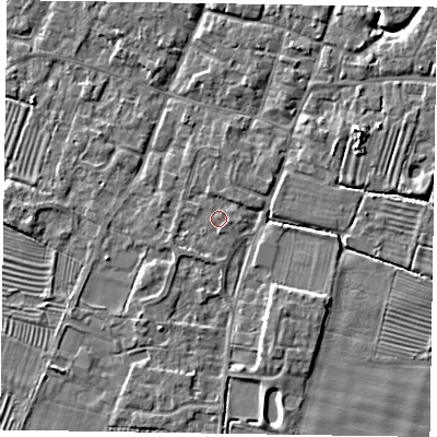 Shaded relief map of the ground around NG130BP, computed from Environment Agency LiDAR. The ground here sits at about 31 m above sea level and falls 5 m across the surrounding 800 m. Surface water reaching this point runs off ground lying to the south-south-west, 1.1 m higher.