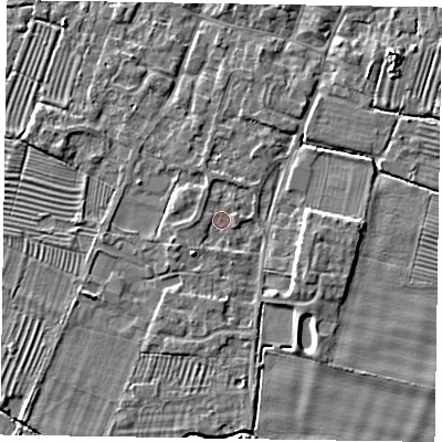 Shaded relief map of the ground around NG130BQ, computed from Environment Agency LiDAR. The ground here sits at about 31 m above sea level and falls 5 m across the surrounding 800 m. Surface water reaching this point runs off ground lying to the west, 1.0 m higher.