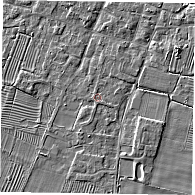 Shaded relief map of the ground around NG130BS, computed from Environment Agency LiDAR. The ground here sits at about 31 m above sea level and falls 5 m across the surrounding 800 m. Surface water reaching this point runs off ground lying to the south-east, 1.1 m higher.