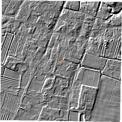 Shaded relief map of the ground around NG130BT, computed from Environment Agency LiDAR. The ground here sits at about 30 m above sea level and falls 5 m across the surrounding 800 m. Surface water reaching this point runs off ground lying to the south, 1.1 m higher.