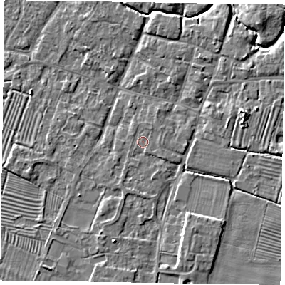 Shaded relief map of the ground around NG130BU, computed from Environment Agency LiDAR. The ground here sits at about 30 m above sea level and falls 6 m across the surrounding 800 m. Surface water reaching this point runs off ground lying to the south, 1.1 m higher.