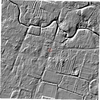 Shaded relief map of the ground around NG130BW, computed from Environment Agency LiDAR. The ground here sits at about 31 m above sea level and falls 11 m across the surrounding 800 m. Surface water reaching this point runs off ground lying to the east, 2.7 m higher.