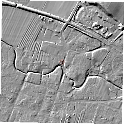 Shaded relief map of the ground around NG130DA, computed from Environment Agency LiDAR. The ground here sits at about 31 m above sea level and falls 28 m across the surrounding 800 m. Surface water reaching this point runs off ground lying to the east-north-east, 13.7 m higher.