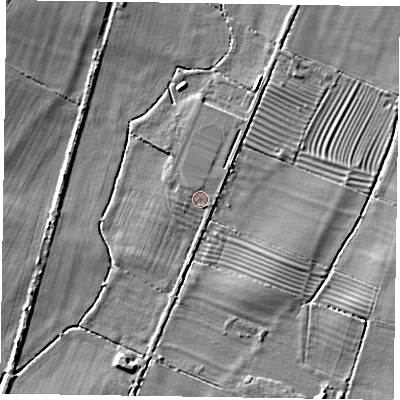 Shaded relief map of the ground around NG130DH, computed from Environment Agency LiDAR. The ground here sits at about 32 m above sea level and falls 6 m across the surrounding 800 m. Surface water reaching this point runs off ground lying to the south-south-west, 1.5 m higher.