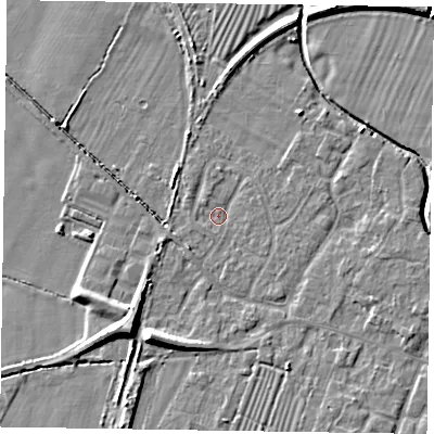 Shaded relief map of the ground around NG130DJ, computed from Environment Agency LiDAR. The ground here sits at about 28 m above sea level and falls 8 m across the surrounding 800 m. Surface water reaching this point runs off ground lying to the south-west, 6.0 m higher.