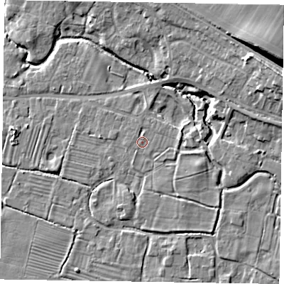 Shaded relief map of the ground around NG130DS, computed from Environment Agency LiDAR. The ground here sits at about 33 m above sea level and falls 28 m across the surrounding 800 m. Surface water reaching this point runs off ground lying to the east, 2.3 m higher.
