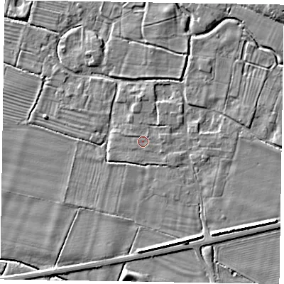 Shaded relief map of the ground around NG130DW, computed from Environment Agency LiDAR. The ground here sits at about 34 m above sea level and falls 7 m across the surrounding 800 m. Surface water reaching this point runs off ground lying to the east, 2.3 m higher.