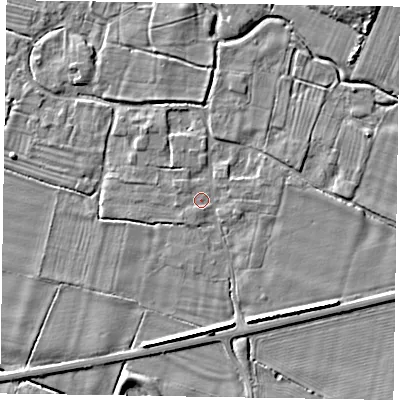 Shaded relief map of the ground around NG130DX, computed from Environment Agency LiDAR. The ground here sits at about 34 m above sea level and falls 7 m across the surrounding 800 m. Surface water reaching this point runs off ground lying to the east-south-east, 3.3 m higher.