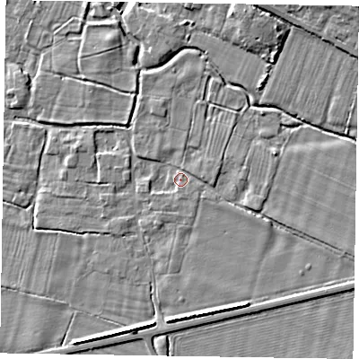 Shaded relief map of the ground around NG130DY, computed from Environment Agency LiDAR. The ground here sits at about 35 m above sea level and falls 9 m across the surrounding 800 m. Surface water reaching this point runs off ground lying to the east-south-east, 2.6 m higher.
