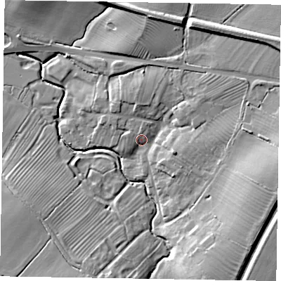 Shaded relief map of the ground around NG130FB, computed from Environment Agency LiDAR. The ground here sits at about 41 m above sea level and falls 17 m across the surrounding 800 m. Surface water reaching this point runs off ground lying to the east, 9.0 m higher.