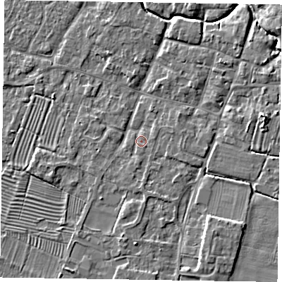 Shaded relief map of the ground around NG130FH, computed from Environment Agency LiDAR. The ground here sits at about 30 m above sea level and falls 6 m across the surrounding 800 m. Surface water reaching this point runs off ground lying to the south-south-east, 1.1 m higher.