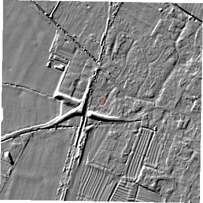 Shaded relief map of the ground around NG130FP, computed from Environment Agency LiDAR. The ground here sits at about 28 m above sea level and falls 8 m across the surrounding 800 m. Surface water reaching this point runs off ground lying to the south-west, 5.7 m higher.