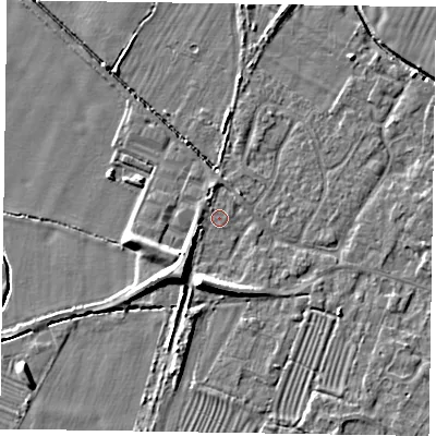 Shaded relief map of the ground around NG130FR, computed from Environment Agency LiDAR. The ground here sits at about 29 m above sea level and falls 8 m across the surrounding 800 m. Surface water reaching this point runs off ground lying to the south-south-west, 6.0 m higher.