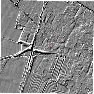 Shaded relief map of the ground around NG130FT, computed from Environment Agency LiDAR. The ground here sits at about 29 m above sea level and falls 8 m across the surrounding 800 m. Surface water reaching this point runs off ground lying to the south-south-west, 2.7 m higher.
