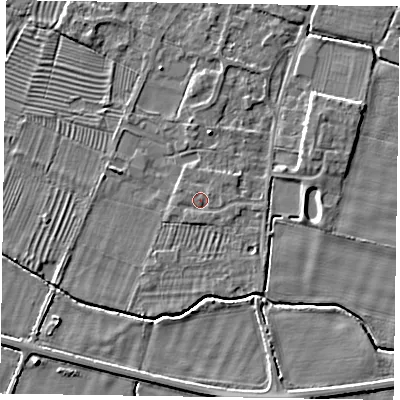Shaded relief map of the ground around NG130FX, computed from Environment Agency LiDAR. The ground here sits at about 31 m above sea level and falls 5 m across the surrounding 800 m. Surface water reaching this point runs off ground lying to the east, 0.8 m higher.