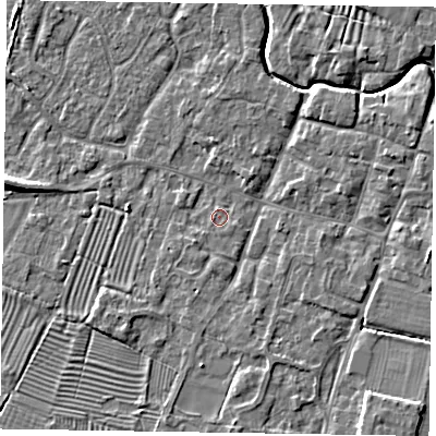 Shaded relief map of the ground around NG130FZ, computed from Environment Agency LiDAR. The ground here sits at about 30 m above sea level and falls 6 m across the surrounding 800 m. Surface water reaching this point runs off ground lying to the south, 1.1 m higher.