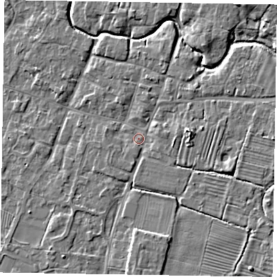 Shaded relief map of the ground around NG130JB, computed from Environment Agency LiDAR. The ground here sits at about 30 m above sea level and falls 7 m across the surrounding 800 m. Surface water reaching this point runs off ground lying to the east, 4.5 m higher.