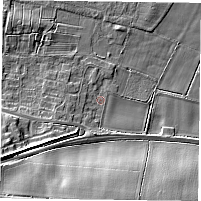 Shaded relief map of the ground around NG138DG, computed from Environment Agency LiDAR. The ground here sits at about 22 m above sea level and falls 20 m across the surrounding 800 m. Surface water reaching this point runs off ground lying to the west-south-west, 15.3 m higher.