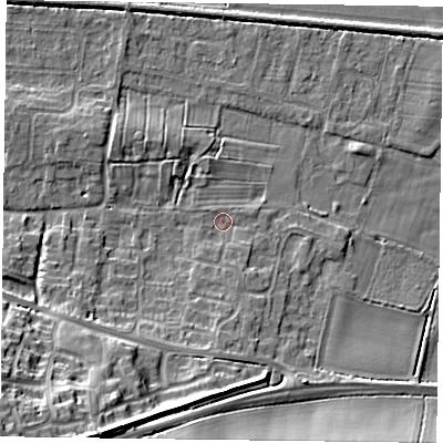 Shaded relief map of the ground around NG138DP, computed from Environment Agency LiDAR. The ground here sits at about 21 m above sea level and falls 19 m across the surrounding 800 m. Surface water reaching this point runs off ground lying to the south-south-west, 16.8 m higher.