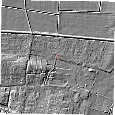 Shaded relief map of the ground around NG138ED, computed from Environment Agency LiDAR. The ground here sits at about 21 m above sea level and falls 9 m across the surrounding 800 m. Surface water reaching this point runs off ground lying to the south-west, 7.5 m higher.