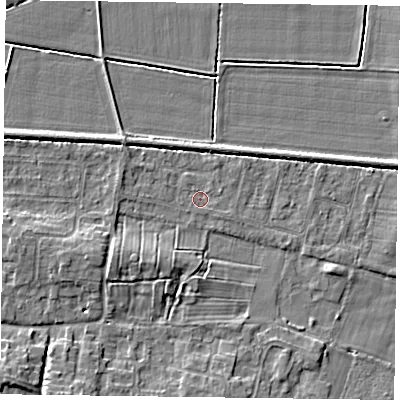 Shaded relief map of the ground around NG138EE, computed from Environment Agency LiDAR. The ground here sits at about 21 m above sea level and falls 7 m across the surrounding 800 m. Surface water reaching this point runs off ground lying to the east-south-east, 0.5 m higher.