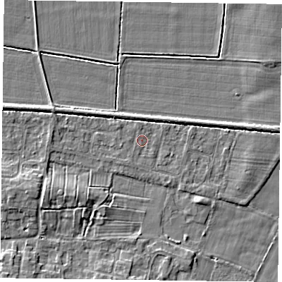 Shaded relief map of the ground around NG138EF, computed from Environment Agency LiDAR. The ground here sits at about 20 m above sea level and falls 5 m across the surrounding 800 m. Surface water reaching this point runs off ground lying to the south-west, 0.8 m higher.