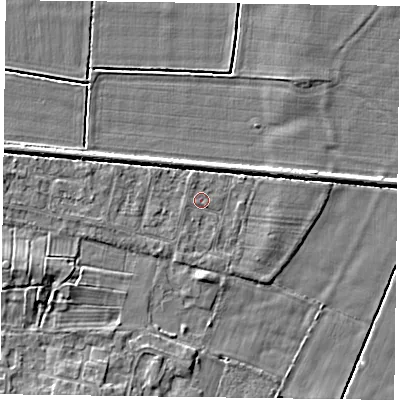 Shaded relief map of the ground around NG138EJ, computed from Environment Agency LiDAR. The ground here sits at about 20 m above sea level and falls 5 m across the surrounding 800 m. Surface water reaching this point runs off ground lying to the south-south-west, 0.8 m higher.